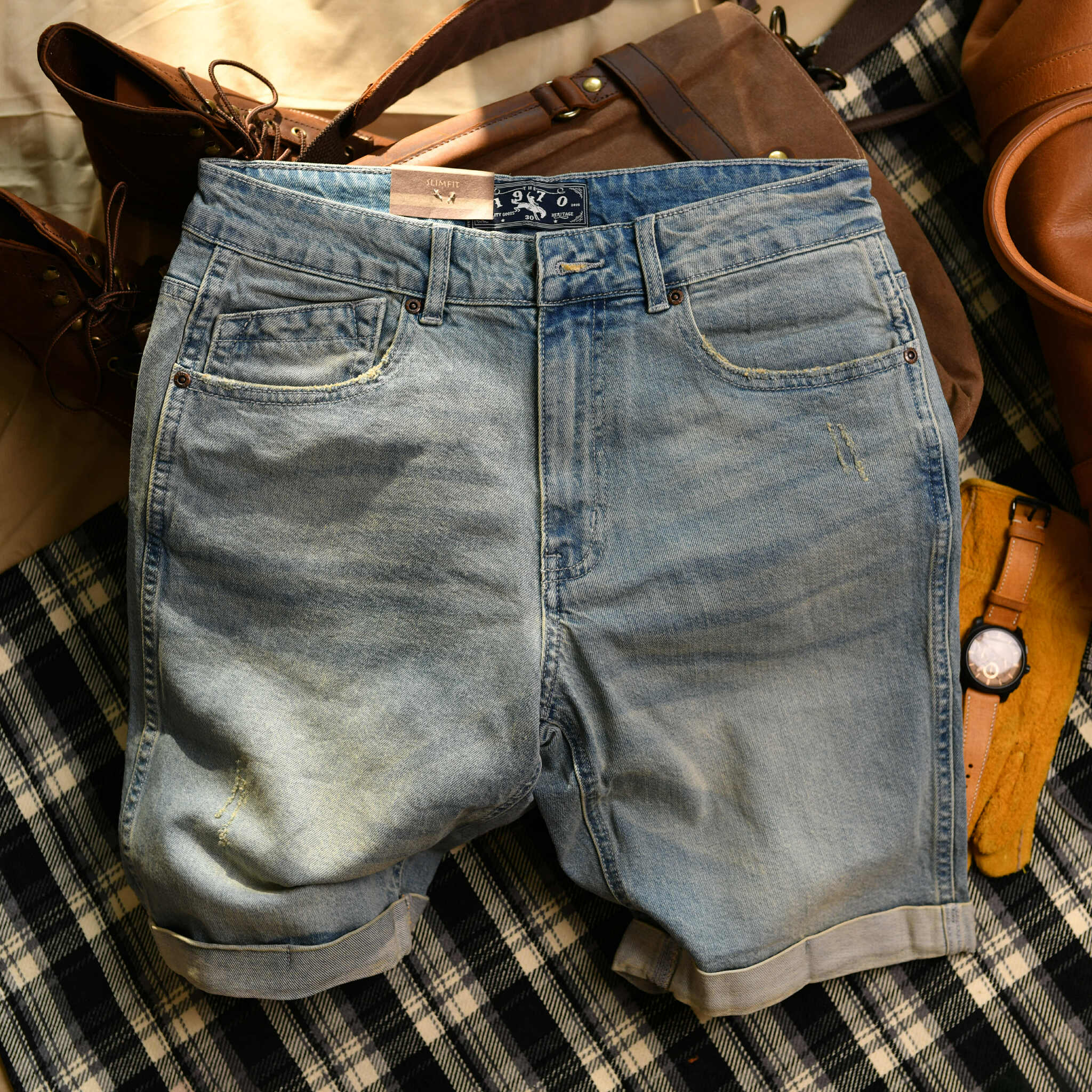 Quần short jean xanh XANH NHẠT THE1970  QS790