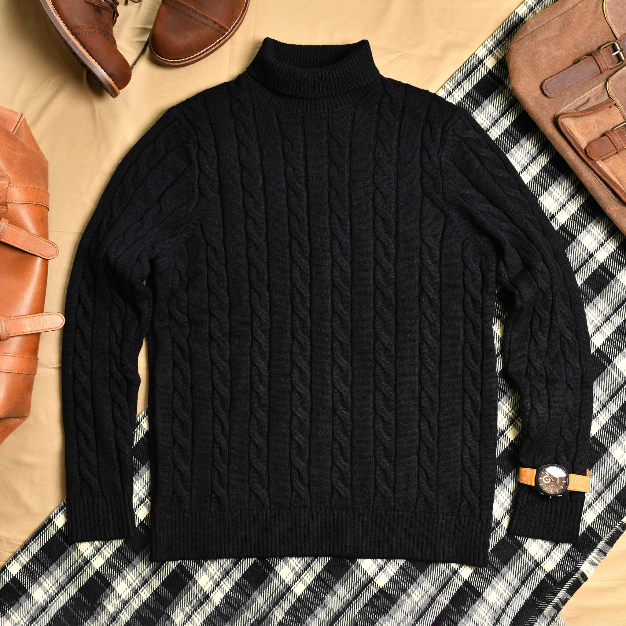 Áo len vặn thừng cổ cao ĐEN THE1970 AL811