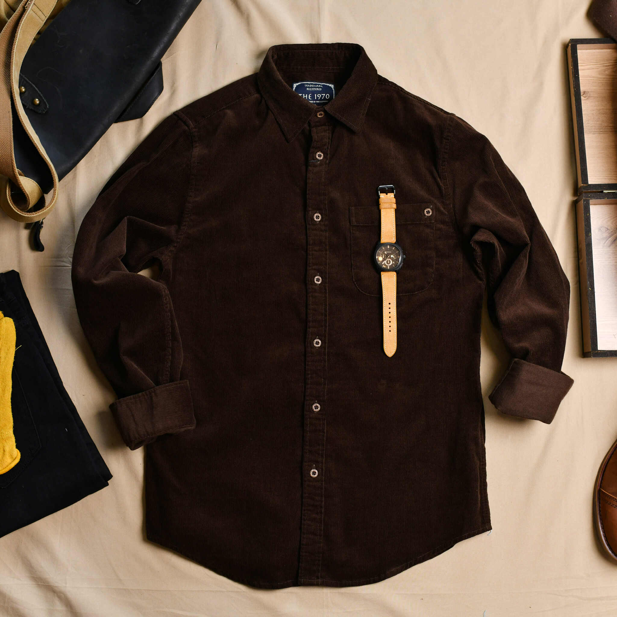 Áo somi nhung 1 túi  NÂU ĐẬM THE1970 SM851