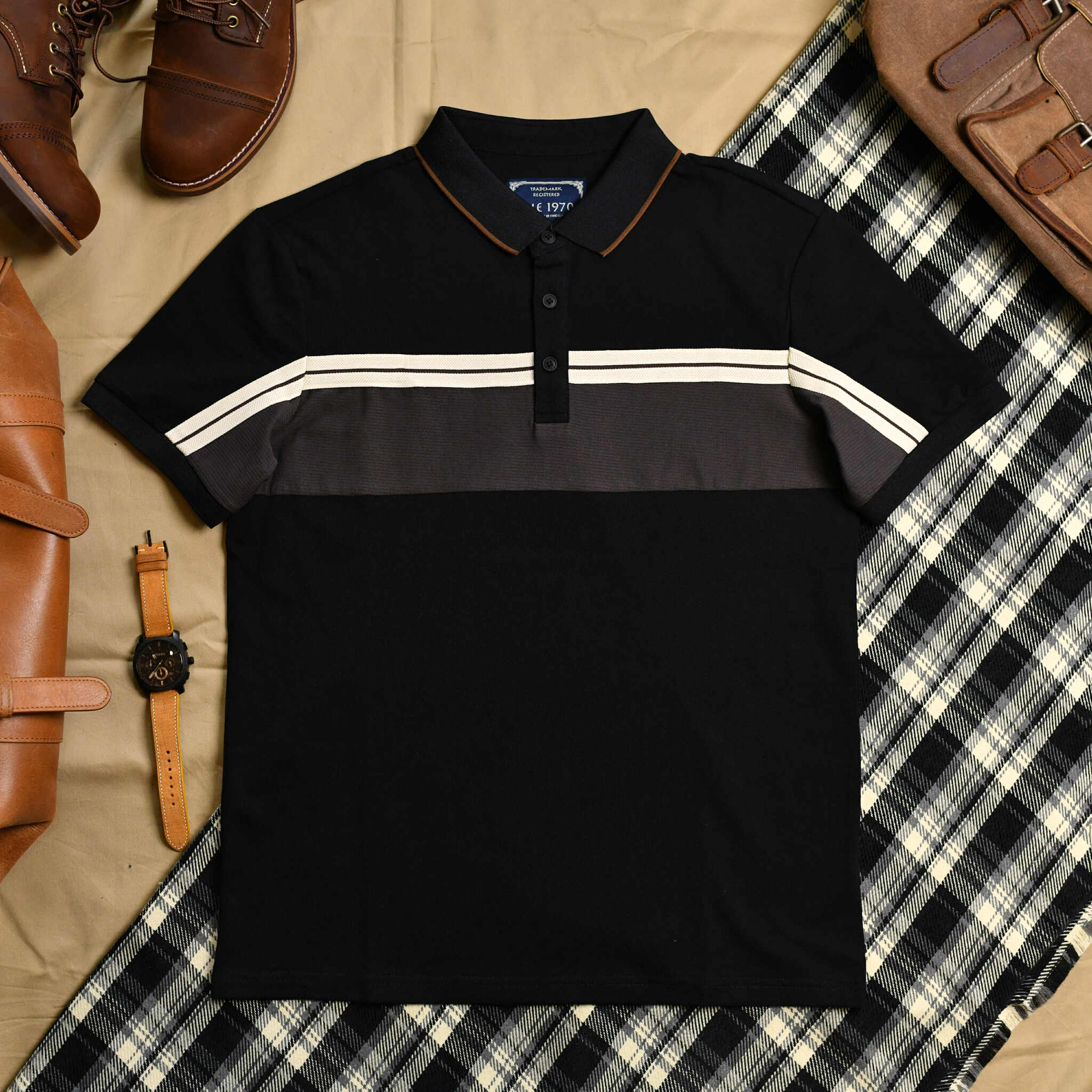 Áo polo phối kẻ TRẮNG THE1970 AP863