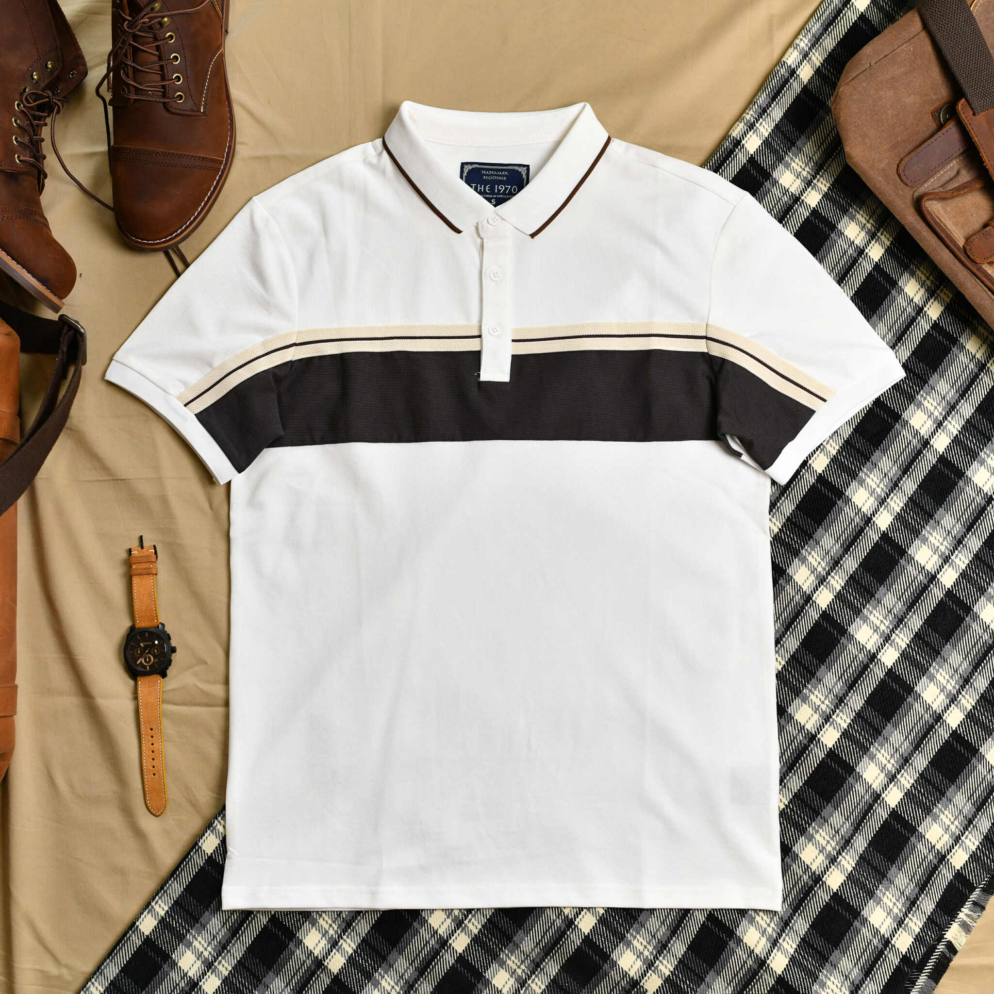 Áo polo phối kẻ TRẮNG THE1970 AP863